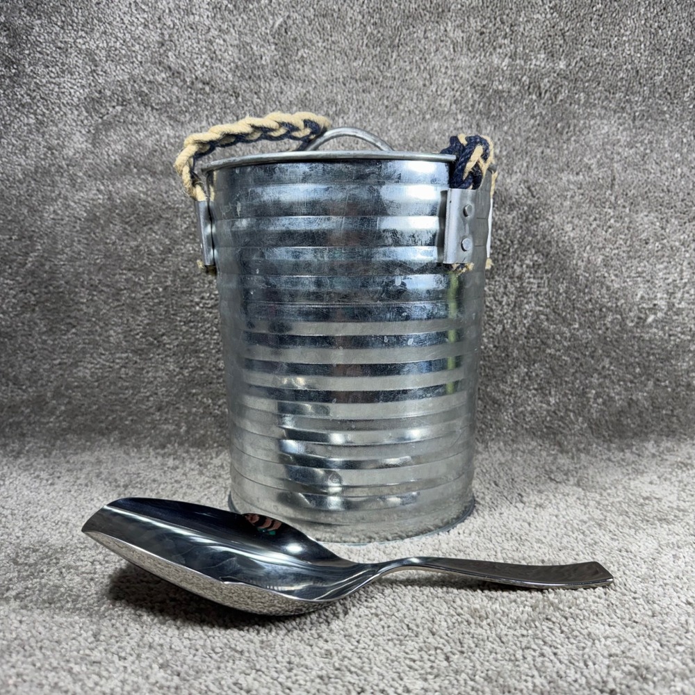 Ice Bucket Silver Galvanized Ribbed Rope Handle Nautical Farmhouse Set - Picture 14 of 14